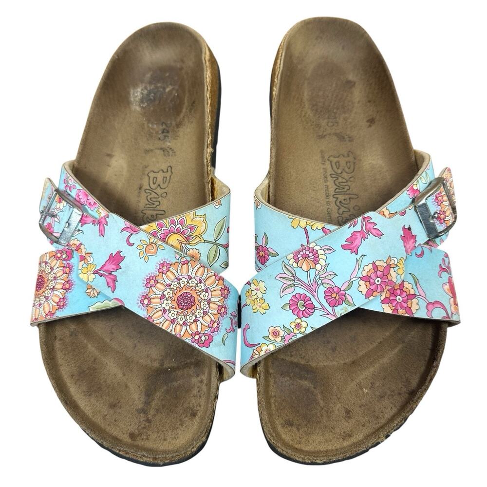 Birkenstock Birkis Cross Strap Blue Pink Floral Slide Slip On Sandals Womens 8 - Picture 1 of 9